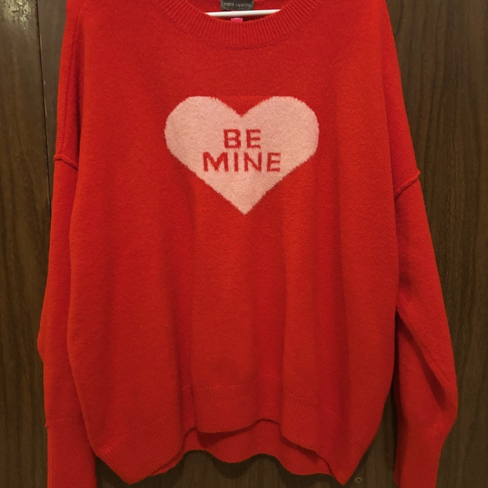 Vince Camuto Be Mine Heart Sweater Red Pink Valentines Day Cozy Knit Coquette